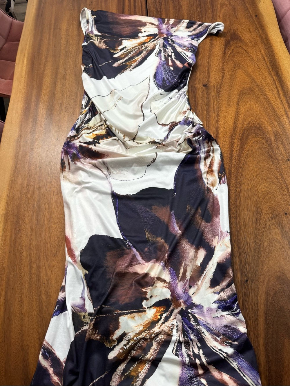 SHEIN One-Shoulder Floral Bodycon Dress in Purple & Cream